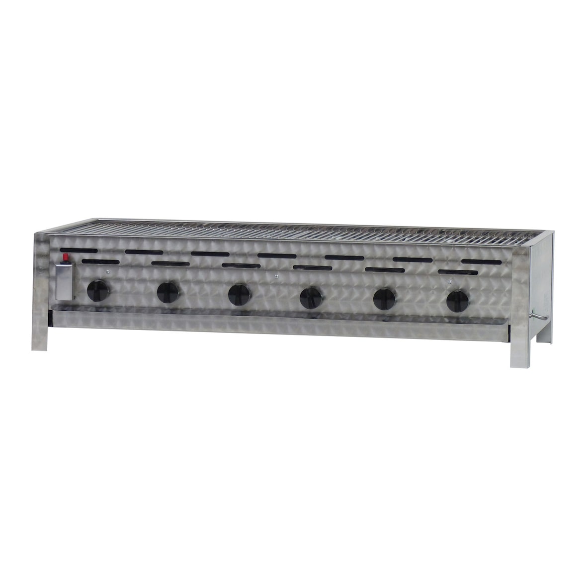 Gastrobräter, 6 Brenner je 4,5 kW, mit Grillrost 2-teilig, B 1140 x T 530 x H 270 mm, inkl. Gewerbedruckregler u. Schlauchbruchsicherung