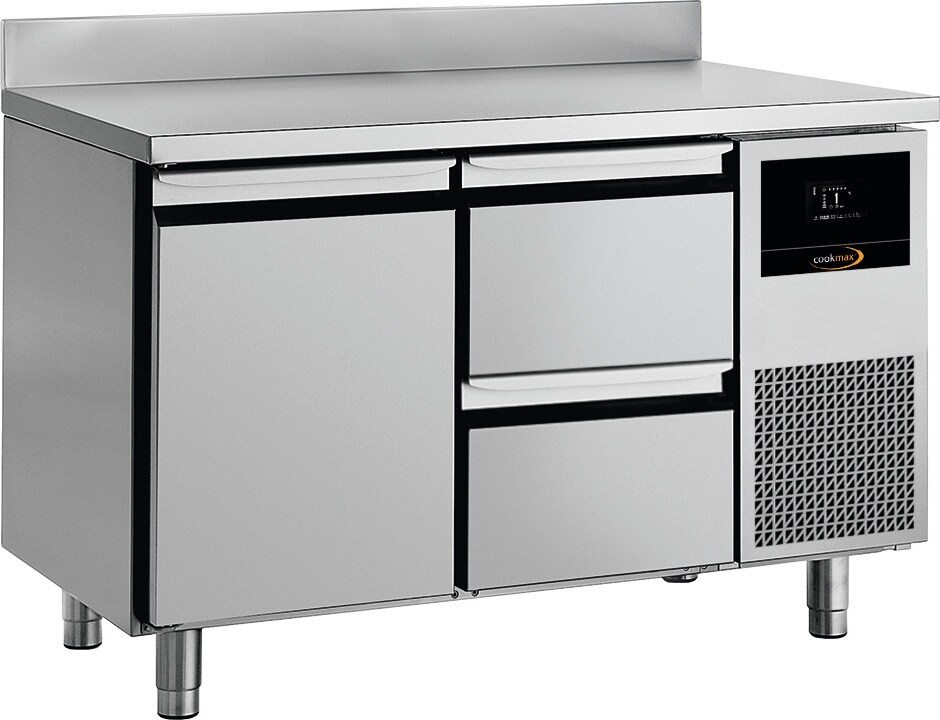 Cookmax Kühltisch GN 1/1 mit
1 Tür und 2 Schubladen, mit Aufkantung