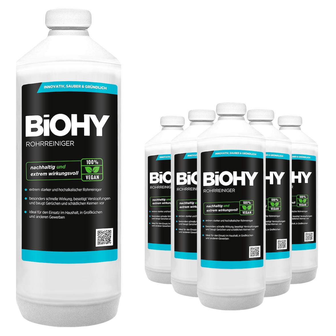 BiOHY Rohrreiniger (6x1l Flasche) | EXTRA STARK | Flüssiger, hochkonzentrierter Abflussreiniger | Geruchsneutral | Für alle Verstopfungen