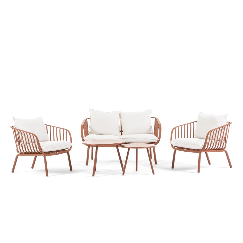 Set da giardino in resina e acciaio con cuscini 10 cm, Elegante salotto da esterno per terrazze, verande, giardino - Bellagio - Terracotta