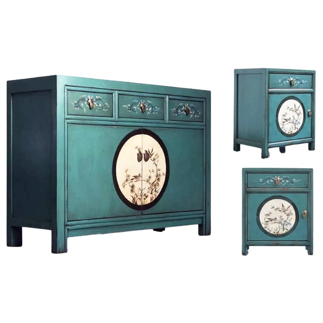 OPIUM OUTLET Möbelset "Aurora" asiatisch chinesisch orientalisch vintage, Kommode Schrank, 2 Nachttische Nacht-Konsolen, smaragd-grün