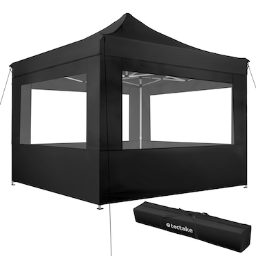 tectake Pavilhão de jardim dobrável em alumínio, 3x3 m, com 4 painéis laterais 300 x 300 x 310 cm Preto