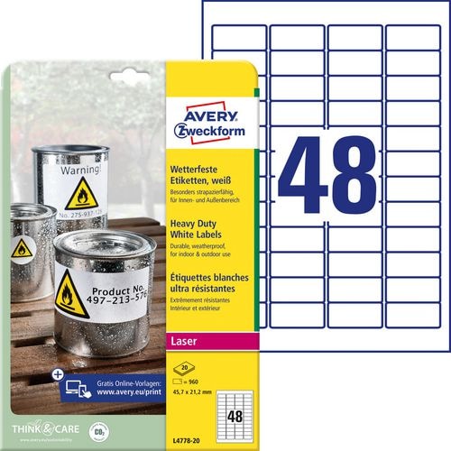 AVERY Zweckform L4778-20 Wetterfeste Etiketten DIN A4 Weiß 45,7 x 21,2 mm 20 Blatt à 48 Etiketten