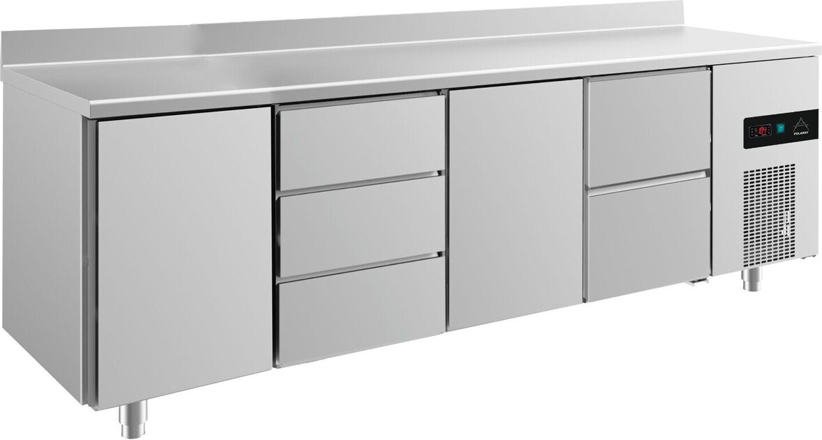 Gastro Kühltisch je 1 Tür links&mittig 3/2 Schubladen mittig&rechts Umluftkühlung Aufkantung, 2330x700x850mm -2/+8°C