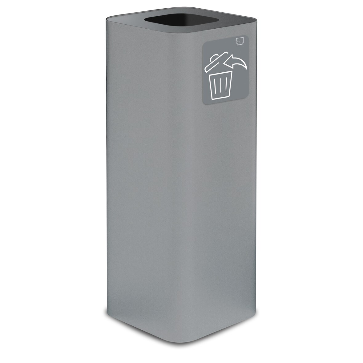 Stil Casa PURE afvalbak, gelakt staal, 30x30xh. 80 cm, met magnetisch pictogram, 60 liter, grijs.