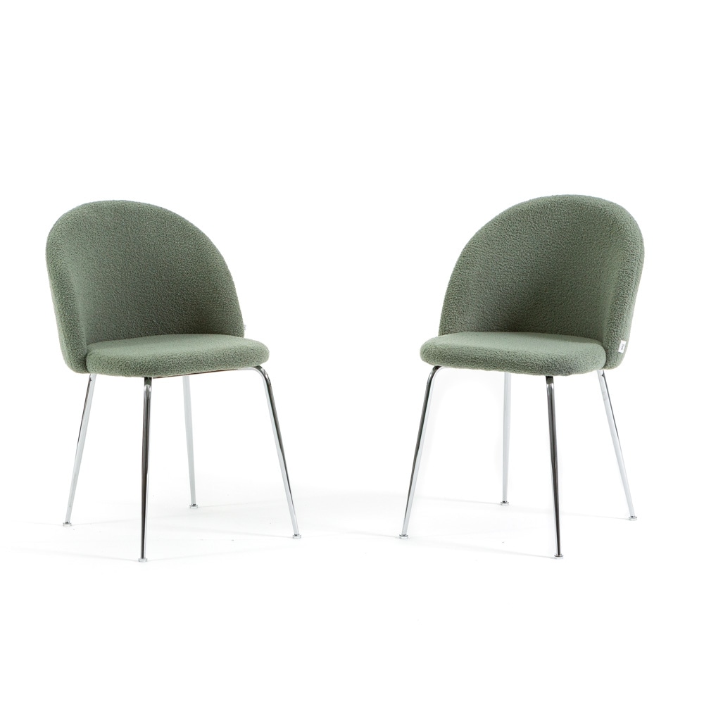 Lot de 2 chaises en tissu teddy d’intérieur, pieds en métal, rembourrées pour cuisine, salle à manger, restaurant – Sara Teddy – Vert sauge/Argent