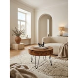 thumbnail of Couchtisch aus Sheesham-Massivholz mit Schubladen und schwarzen Metallbeinen, Handgefertigt. 60x60x44 cm | Kadima Design