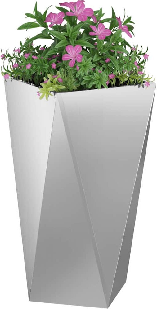 Ein silberner Blumentopf mit rosa Blumen.