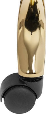 Ein goldener Stuhlfuß mit einem schwarzen Rad.