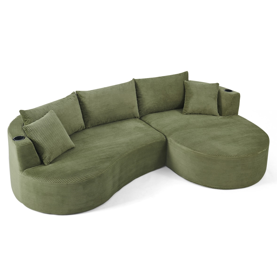 Merax Sofa set, 2-Sitzer + Linke Chaiselongue, mit Getränkehalter & Kissen, Bogenförmiges Design, Cordstoff, Grün
