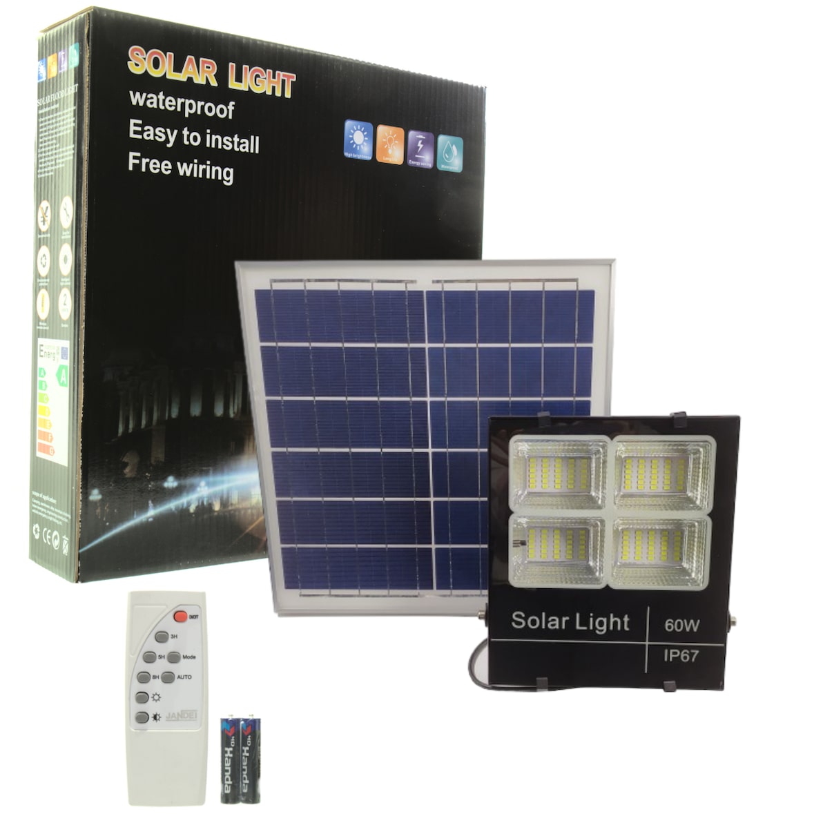 Holofote LED Solar de 60 W com Painel Separado, Bateria de Lítio, 600 Lúmens, 120 LEDs