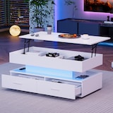 thumbnail of Merax 100*50*44cm hydraulisch höhenverstellbarer Couchtisch, mit LED-Beleuchtung, Bluetooth-APP-Steuerung, 2 Schubladen und offenem Stauraum, Weiß