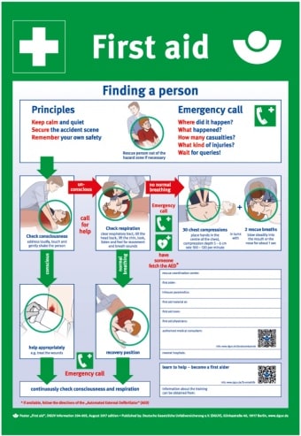 Dreifke® Schild | Erste Hilfe Aushang, englisch, DGUV Information 204-005, Polystyrol, 395x575mm