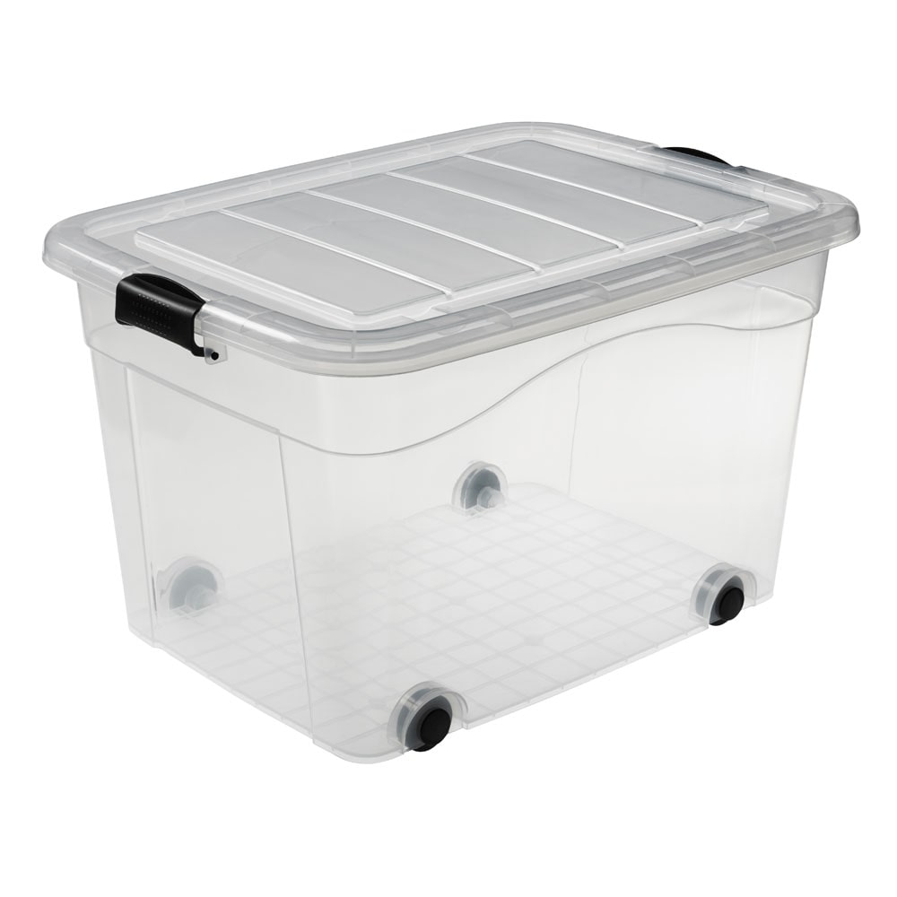 Aufbewahrungsbox transparent 100 Liter mit Deckel und Klickverschluss 690 x 515 x 420 mm inkl. Rollen