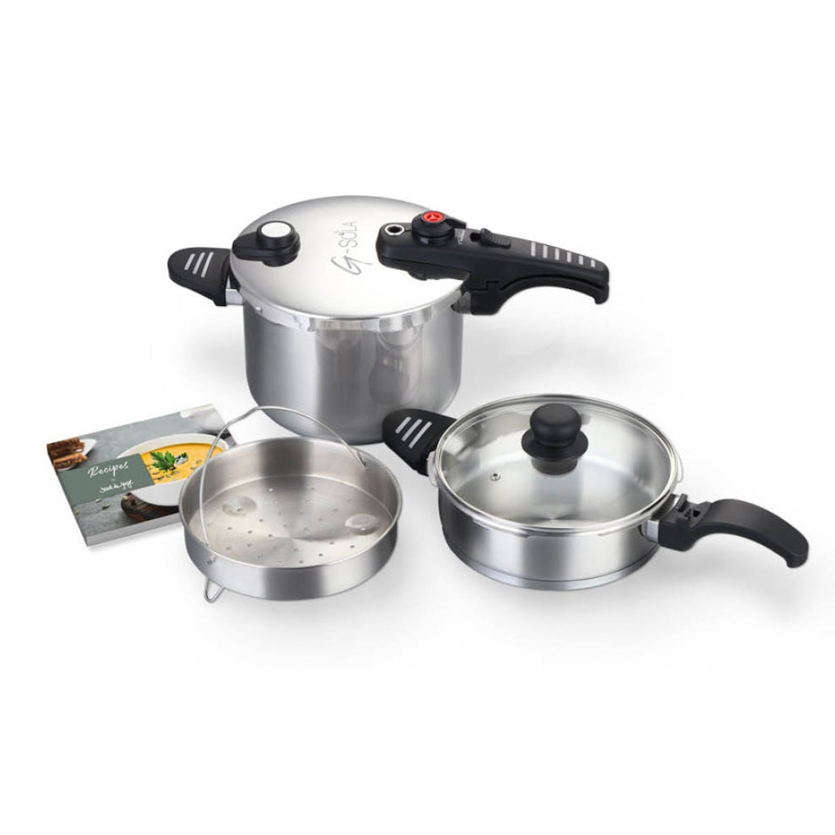 G-SOLA Conj. panelas 2,5 L+6 L inox 18/10, tripla segurança, rápida/super rápida, p/ todos fogões, tampa, cesto e livro receitas.