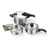 thumbnail of G-SOLA Conj. panelas 2,5 L+6 L inox 18/10, tripla segurança, rápida/super rápida, p/ todos fogões, tampa, cesto e livro receitas.