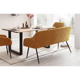 thumbnail of SalesFever 6-tlg. Akazie-Essgruppe 220x110 cm, Platte 35 mm Akazie, Metallgestelle, 4 Stühle & 1 Bank in Samt-Optik, natur – schwarz – senfgelb