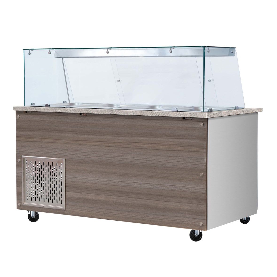 Skyrainbow SNACK-Line, Kalte Theke, 5x GN1/1, Granit rosa-grau, 188x82x85.5 Glasaufbau Klarglas  mit Zwischenablage, H=496mm