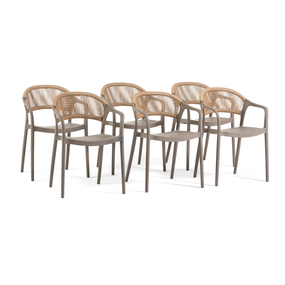 Set de 6 sillas de polipropileno con entrelazado en cuerda, elegantes, resistentes, apilables, para jardín, balcón, bar, restaurantes JOLANDA -Tórtola