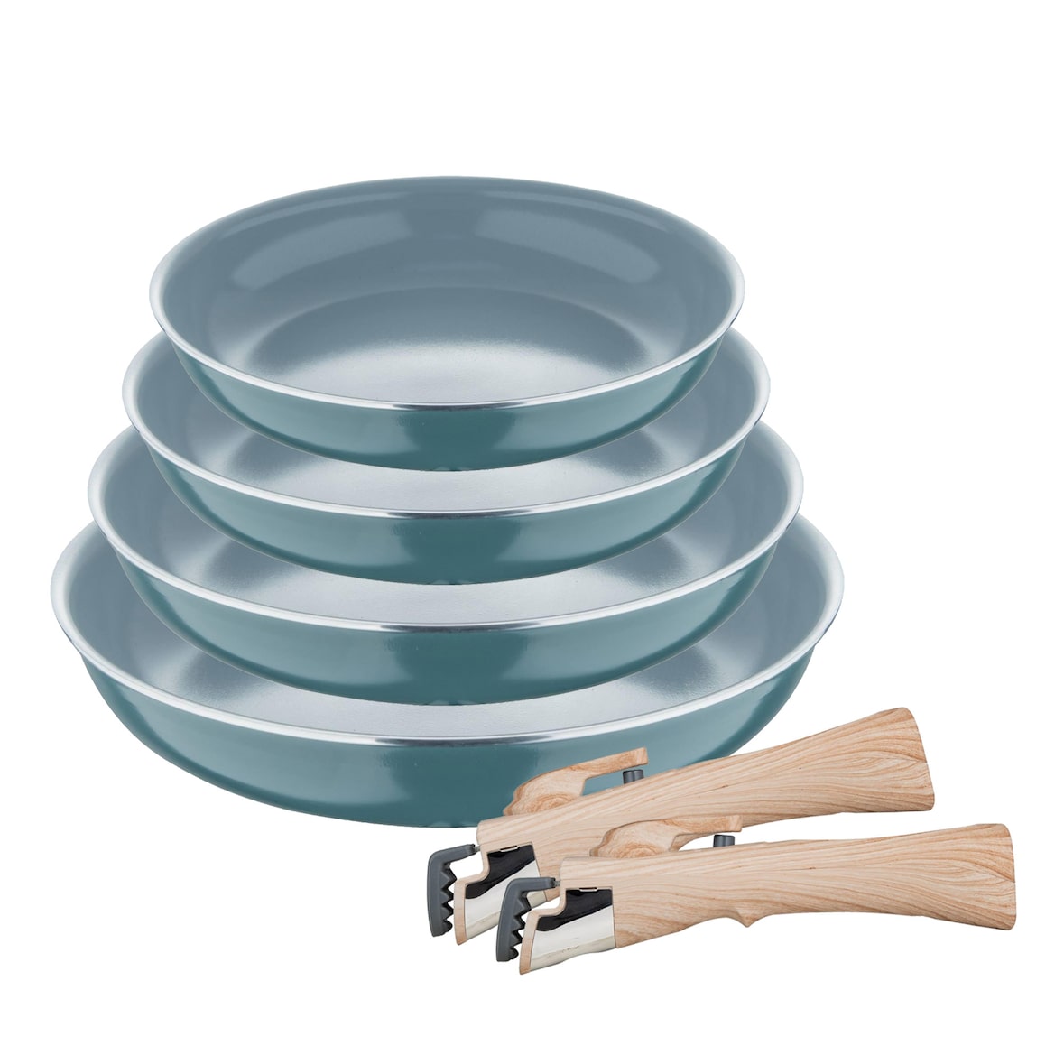 BERGNER Click&Cook - Conjunto de 4 frigideiras de alumínio prensado, Ø22/Ø24/Ø26/Ø28cm, na cor verde, com 2 cabos removíveis