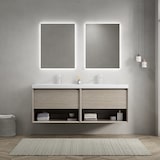 thumbnail of Badezimmer-Waschtisch 53×140×46 cm mit 2 weißen Resinbecken, Eiche Hell, 2 Schubladen und 2 offenen Regalen