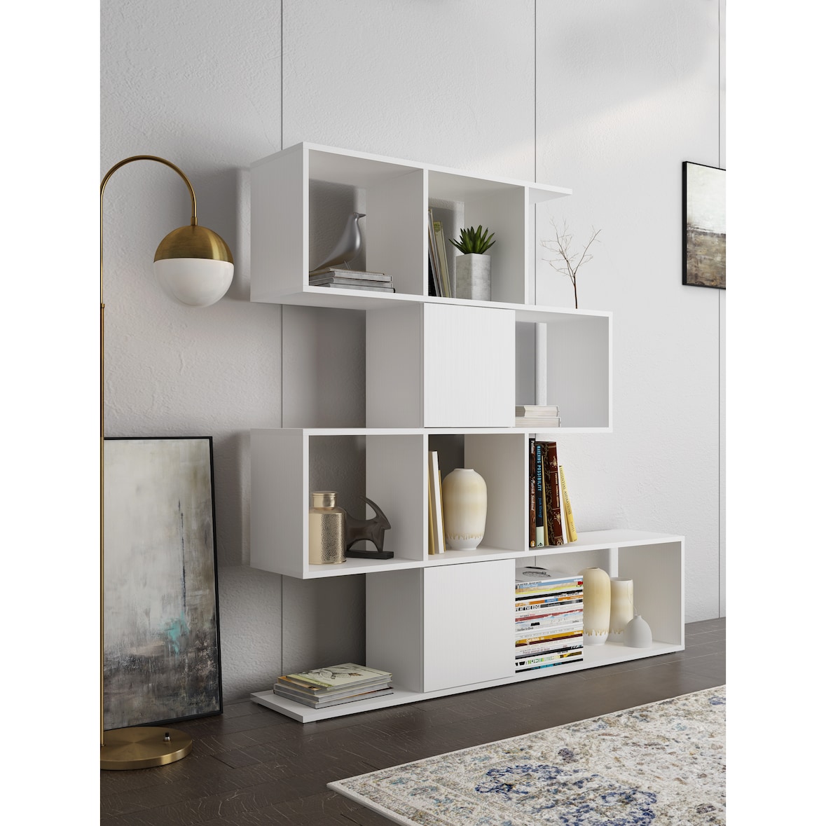 Libreria Moderna Asimmetrica Porta Libri Mensole Ripiani Design Bifacciale Con Vani Aperti e Chiusi Soggiorno Salotto 145 x 27,8 x 142 Cm Bianco