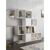 thumbnail of Libreria Moderna Asimmetrica Porta Libri Mensole Ripiani Design Bifacciale Con Vani Aperti e Chiusi Soggiorno Salotto 145 x 27,8 x 142 Cm Bianco
