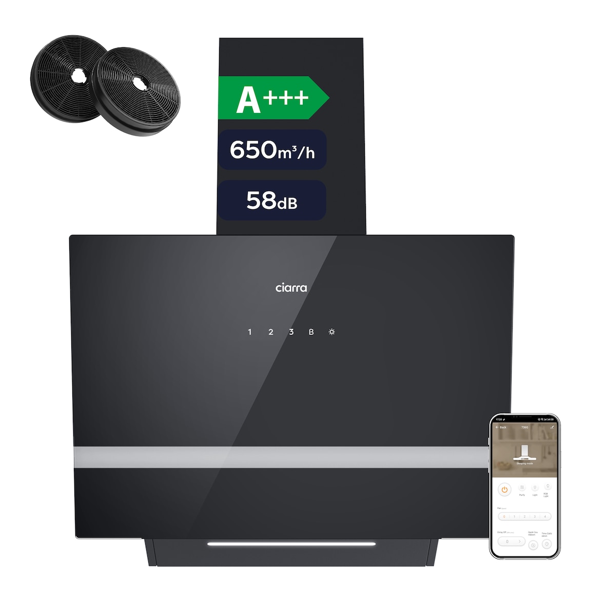 CIARRA Campana extractora de humos A+++ 650 m³/h Campana extractora 60cm WIFI + APP y control táctil BOOST VM6736HB