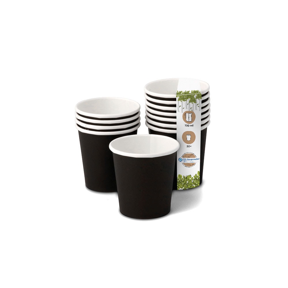 BIOZOYG 50 Stück Einwegbecher 100ml / 4oz Pappbecher Einmalbecher schwarz bedruckt Espressobecher Heißgetränke Recycling biologisch kompostierbar