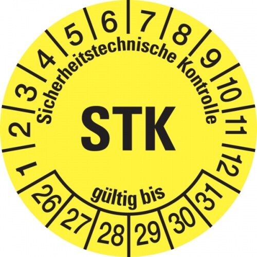 Prüfplakette ab 26, STK, gelb/schwarz, Folie, Ø 30 mm - Bogen = 10 Plaketten - 30 mm Folie selbstklebend