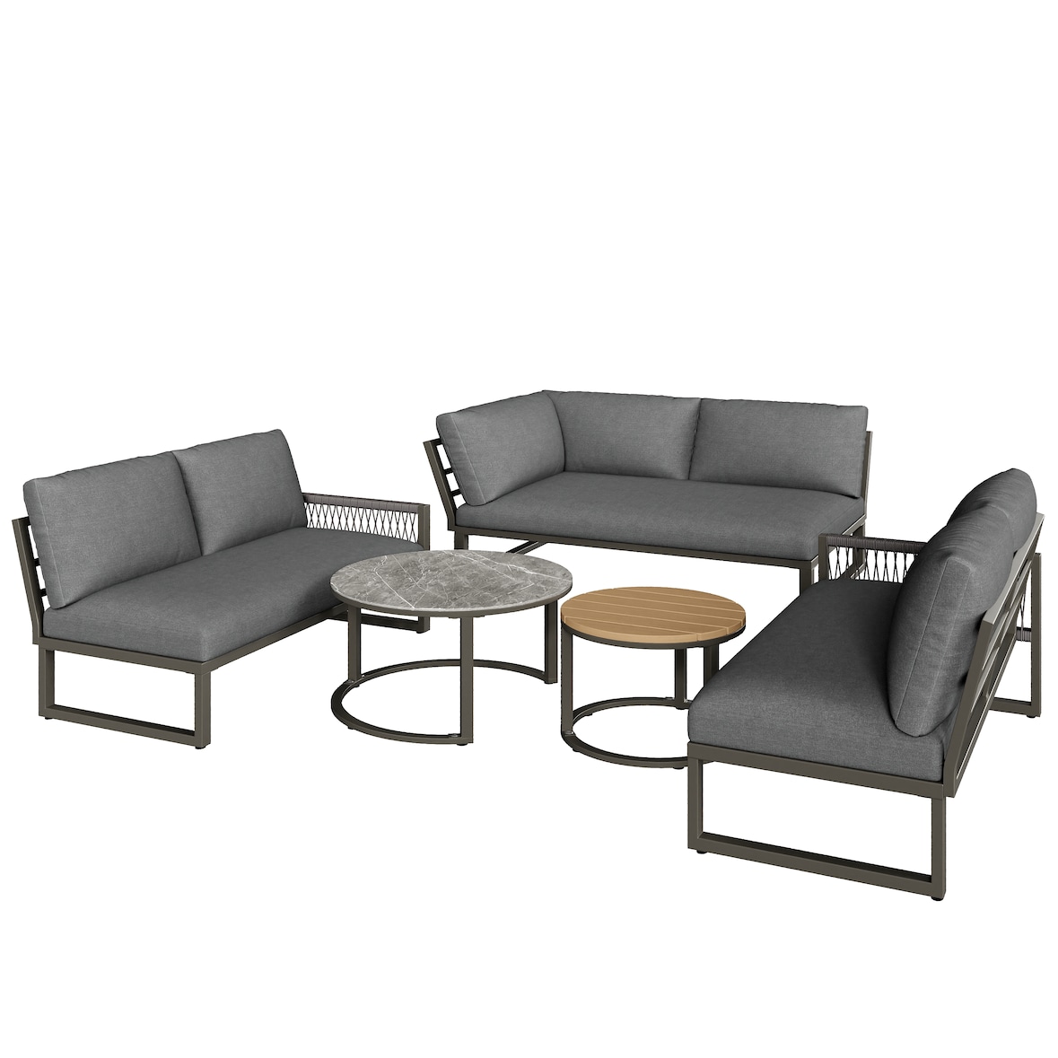 Garten-Lounge-Set aus Metall und Polyester in Grau, 3 Sofaelemente mit 2 Tischen, verstellbare Füße, inklusive Sitz- und Rückenkissen