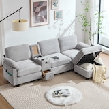 thumbnail of Merax 3-Sitzer Schlafsofa, Ecksofa, Großes Cord-Sofa mit 2 Cup-Halter + Stauraum, USB-C-Anschluss, Hellgrau