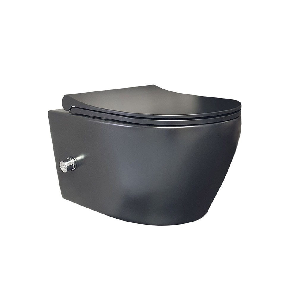Aloni WC Schwarz Matt Spülrandlos Wand WC mit Taharet Armatur Softclose Deckel Toilette Hängend