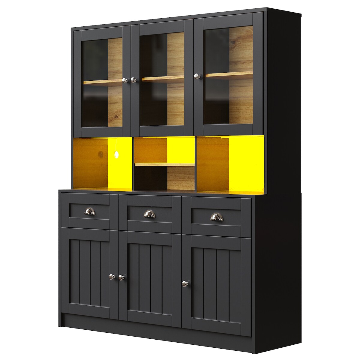 MODFU Hochschrank MDF Schwarz 140x40x175 cm mit LED-Beleuchtung, Acryltüren und verstellbaren Einlegeböden