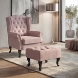 thumbnail of Chesterfield fauteuil, relax club fauteuil wing chair, waterafstotende stof/textiel ~ lichtroze met poef