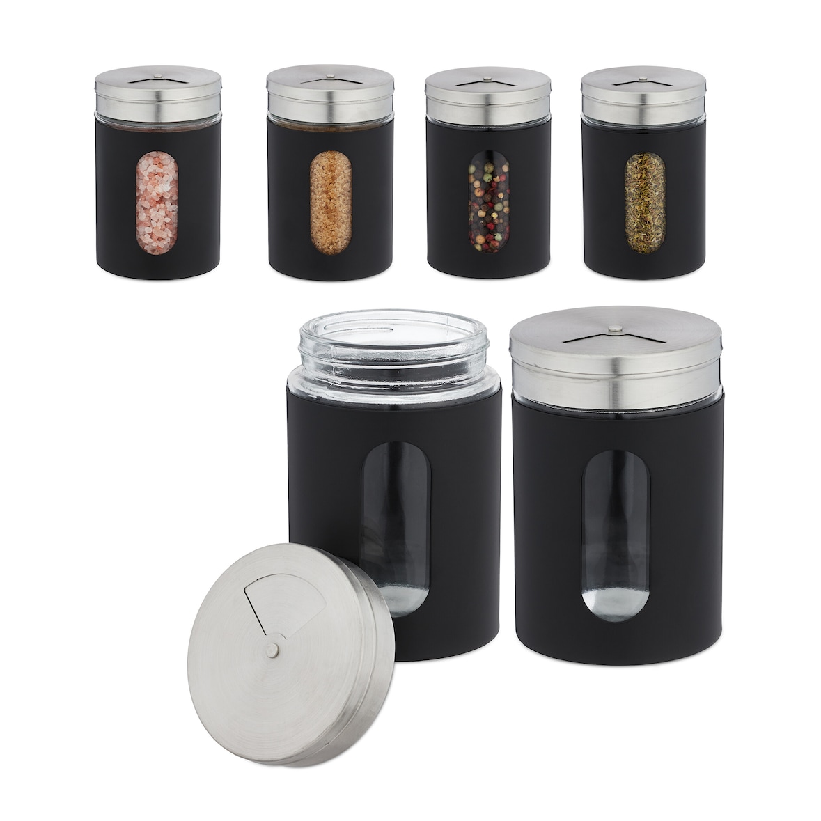 Relaxdays Gewürzstreuer, 6er Set, 3 Streugrößen, Gewürze & Kräuter, XL Gewürzgläser, 290 ml, Glas & Edelstahl, schwarz