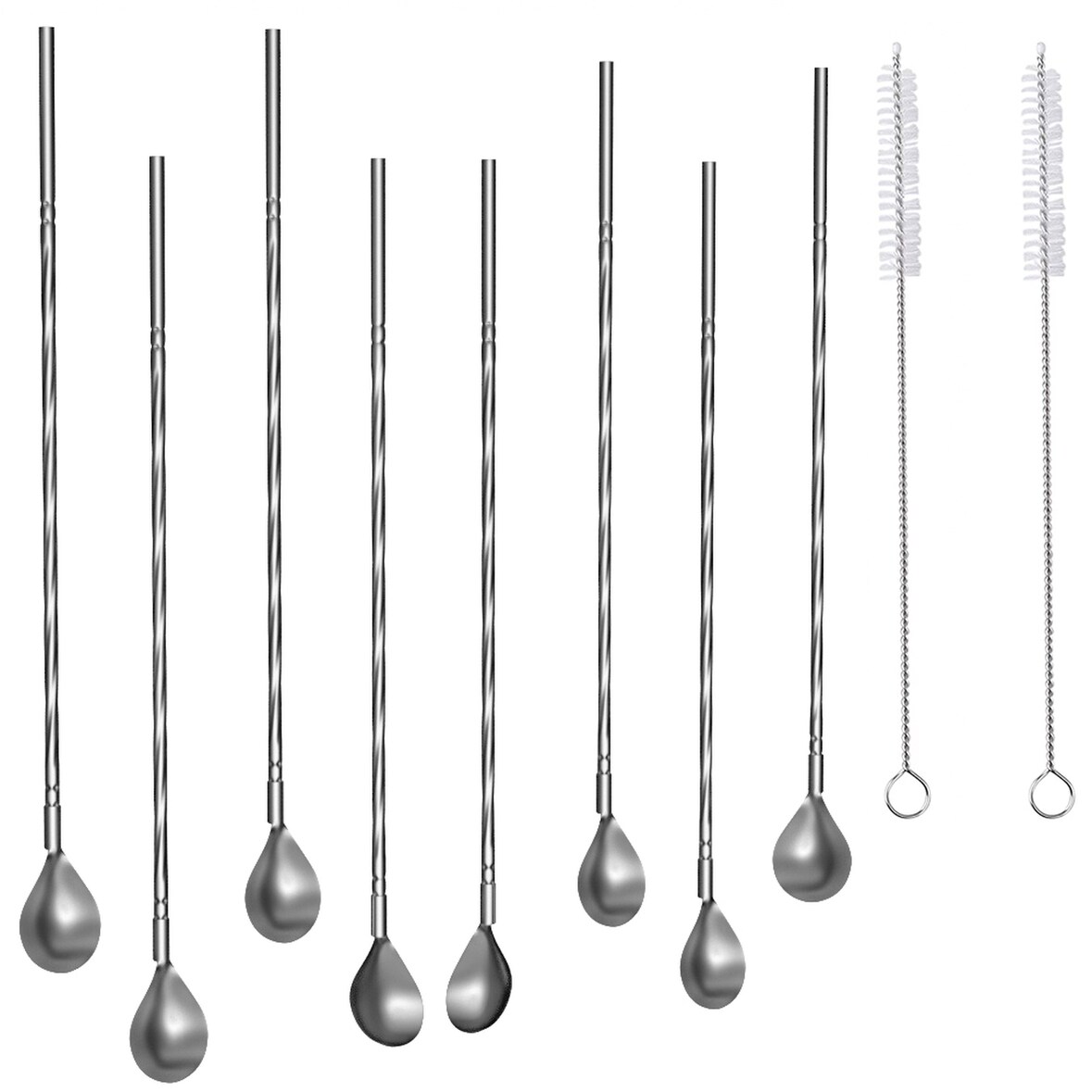 Intirilife 8x Strohhalmlöffel aus Edelstahl in Silber mit 19 cm Länge, 2 schmale Bürsten zum Reinigen und eine Aufbewahrungstasche aus Leinen