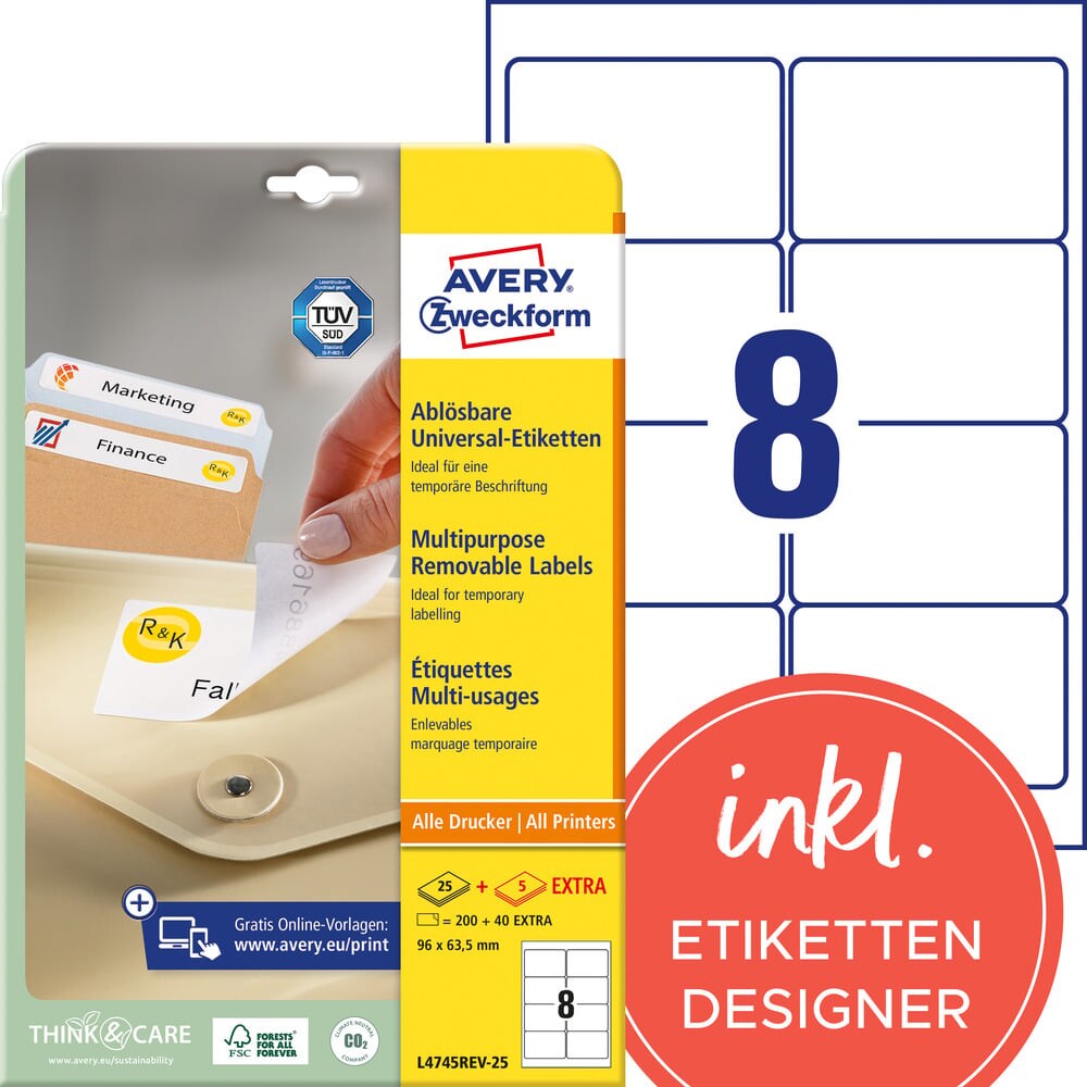 Avery Zweckform L4745REV-25 Universal-Etiketten, ablösbar, A4, 96 x 63,5 mm, 30 Bogen/240 Etiketten, weiß