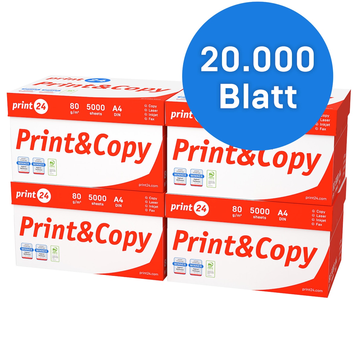 print24 Druckerpapier Kopierpapier 20000 Blatt (40 x 500) DIN A4 80 g Premium Hochweiß CIE 160 Testsieger PEFC zertifiziert