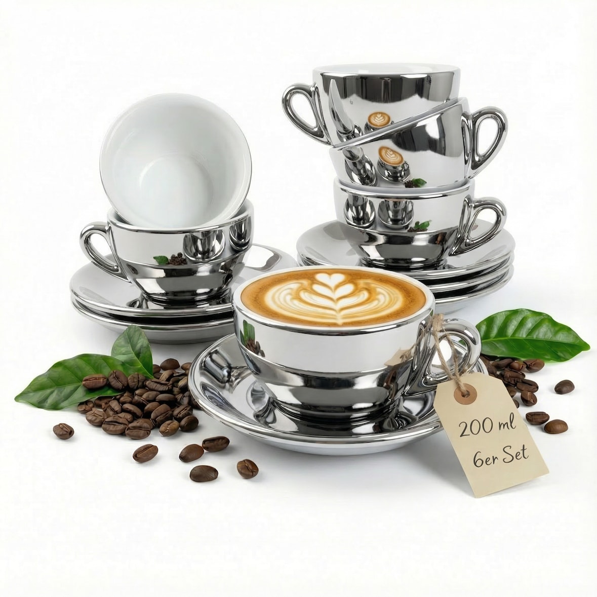 Muvell 6er Cappuccino / Kaffee-Set "Bari" inkl. Tasse 200ml + Untertasse 16cm, chrome