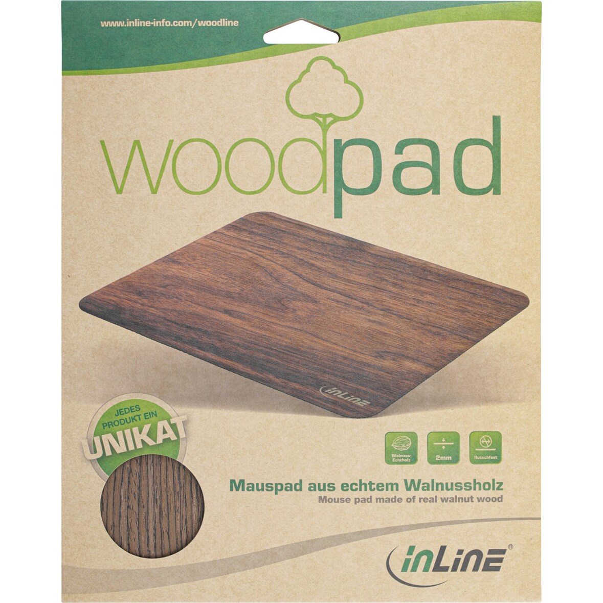 InLine® 55477W WoodPad, Echtholz Mauspad, Walnuss, 240x200mm