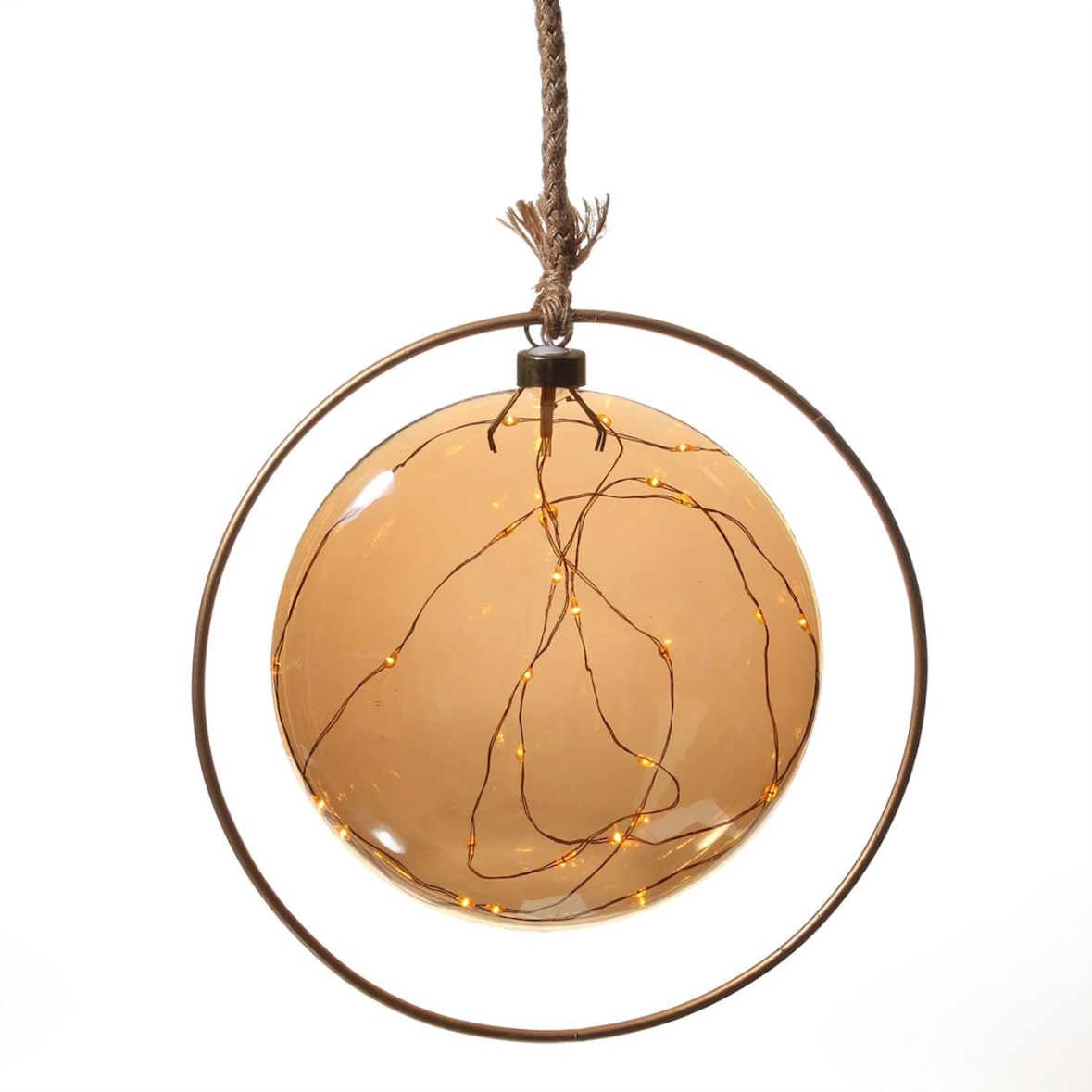 LED Glaskugel im Ring Deko Kugel Juteseil beleuchtet Timer D:26cm gold