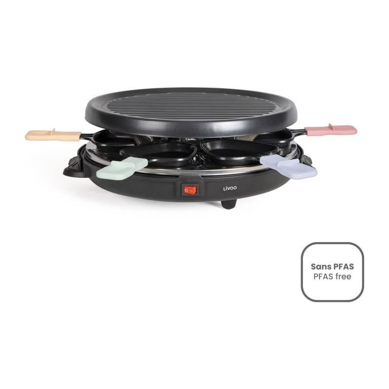Appareil A Raclette 6 Personnes - Livoo - Doc207p - 800w - 6 Personnes - Porte Grill Amovible - 6 Spatules Et 6 Caquelons