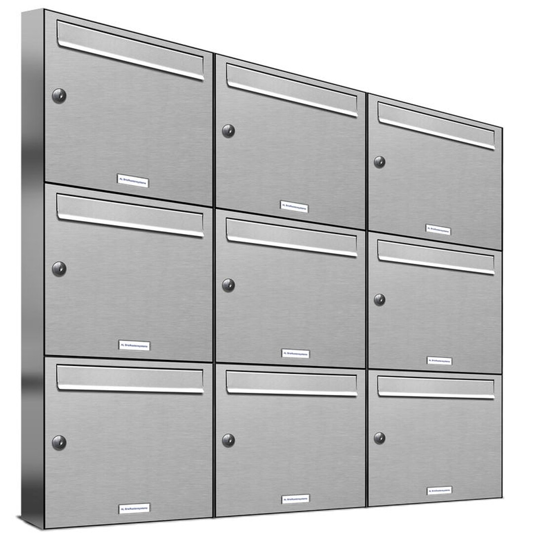 AL Briefkastensysteme 9 Fächer Premium Edelstahl Wand Briefkasten Anlage für Post A4, modern, robust und wetterfest, Artikelnummer: 331V9EA3