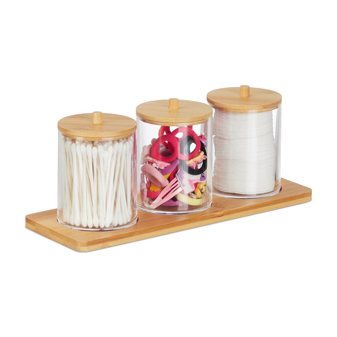 Relaxdays Wattestäbchenbehälter mit Tablett, 3 Becher m. Deckel, Kosmetik Organizer Kunststoff/Bambus, transparent/natur