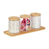 thumbnail of Relaxdays Wattestäbchenbehälter mit Tablett, 3 Becher m. Deckel, Kosmetik Organizer Kunststoff/Bambus, transparent/natur