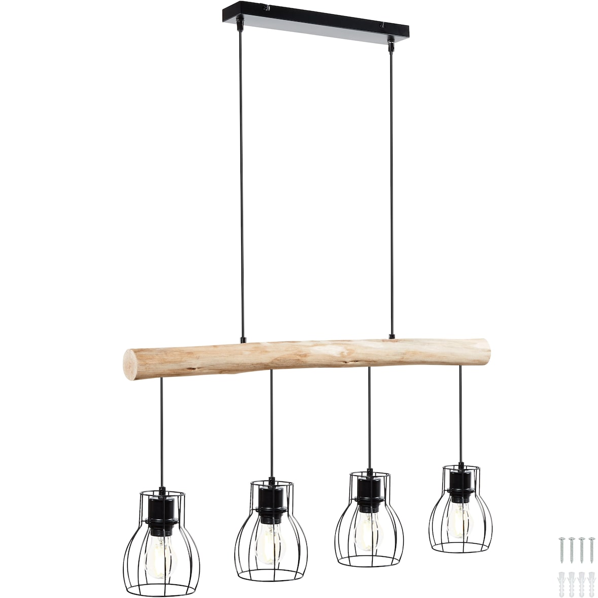 tectake Candeeiro suspenso Woody, 4 luzes, com viga de madeira, 40 W 82 x 13,5 x 140 cm Preto/Castanho
