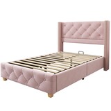 thumbnail of Luxuriöses Samt-Polsterbett 100x200 Rosa Knopf-Tufting Nietenverzierungen Verstärkte Bettbeine Modernes elegantes Design