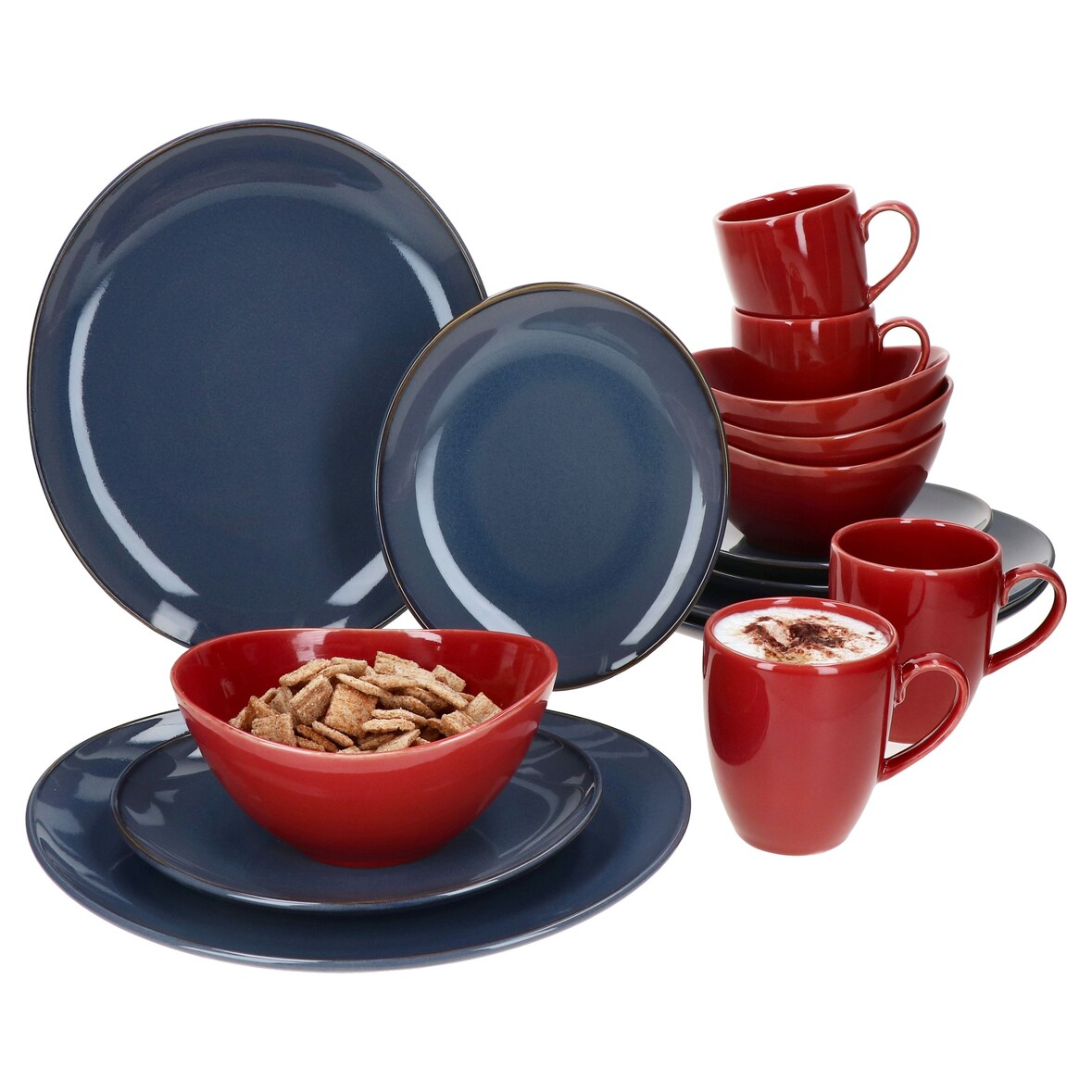 Natural 16tlg Kombiservice rot & blau Steingut 4 Personen Becher Schalen Teller