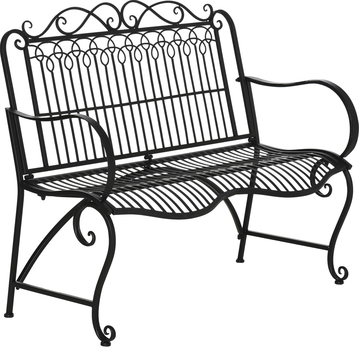 Outsunny Banco de Jardín de 2 Plazas 110x60x97 cm Banco de Exterior de Metal con Respaldo Decorativo y Reposabrazos para Terraza Balcón Carga 200 kg